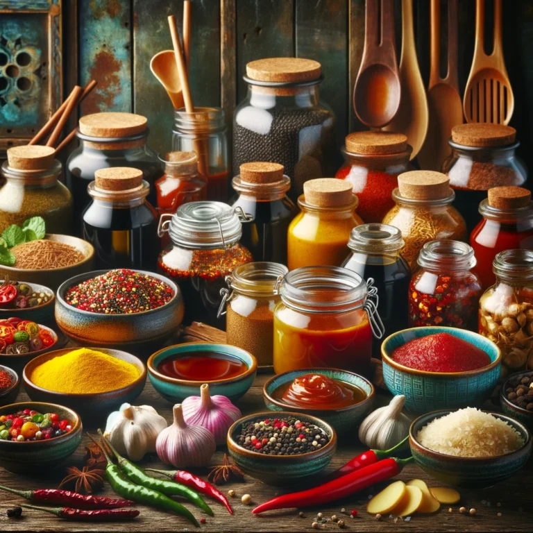 A vibrant display of essential spices and sauces for Asian cooking, including soy sauce, sesame oil, chili paste, ginger, and garlic, arranged on a rustic wooden kitchen counter.