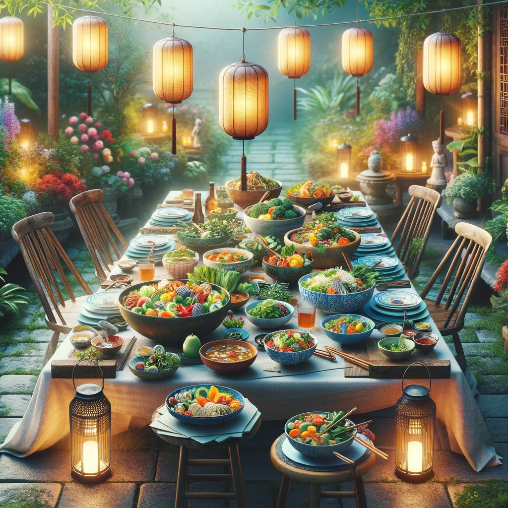 Vibrant Asian kitchen scene with a variety of colorful spices, vegetables, and a family enjoying a meal together.Dive into the heart of Asian cuisine with our latest guide, where every meal is a journey through flavors, traditions, and the art of healthy living