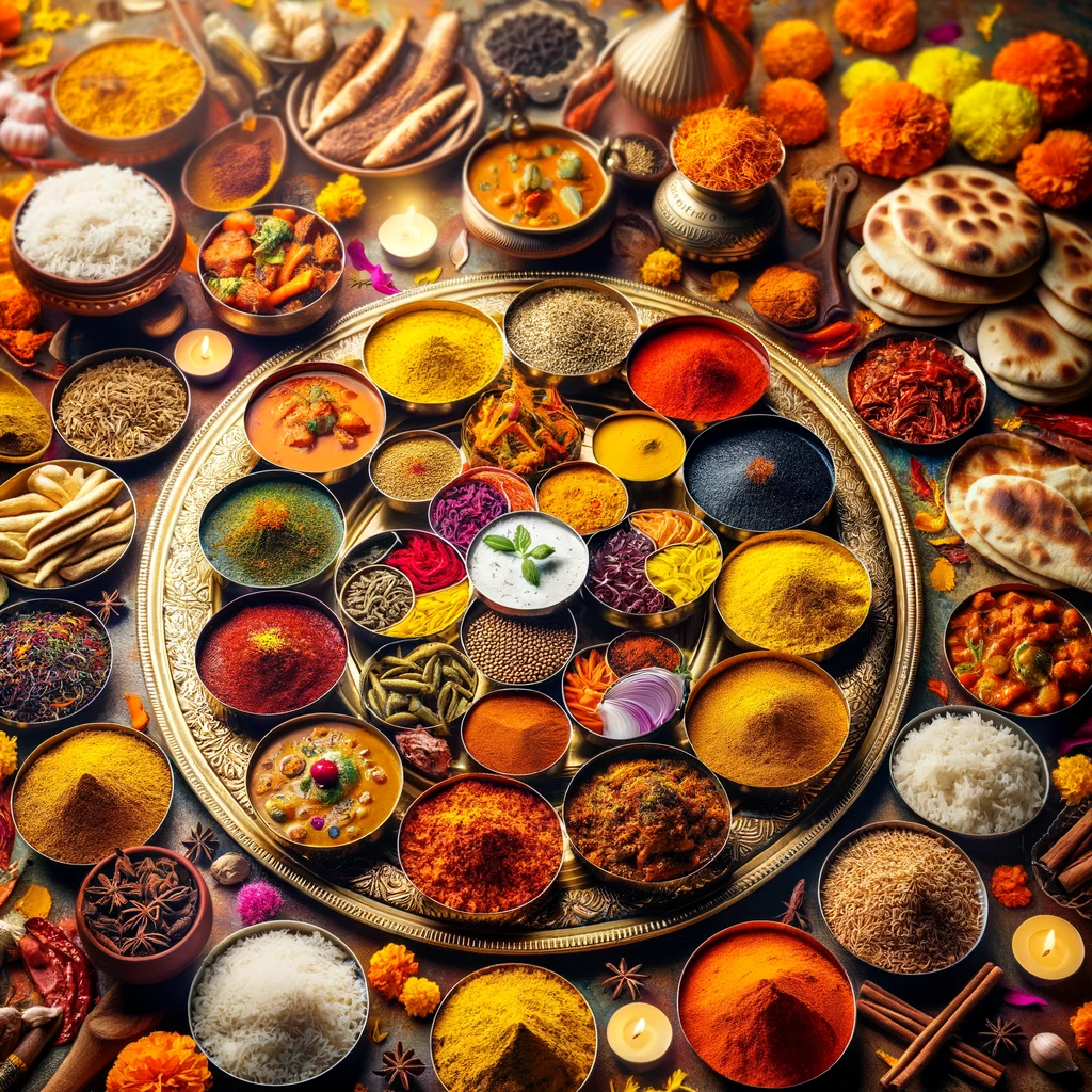 Colorful spices and a brass thali filled with diverse Indian dishes surrounded by marigolds and candles.