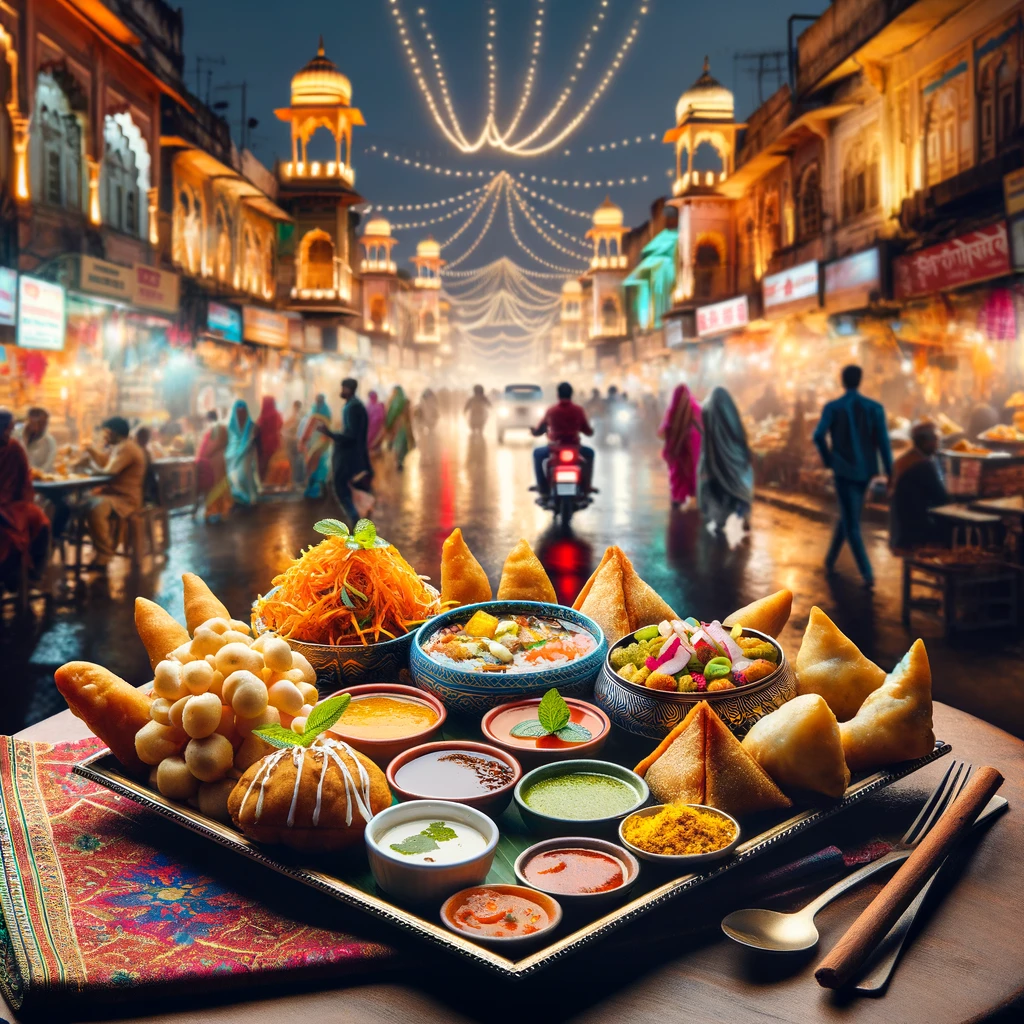 Chaat, samosas, and pani puri set against the vibrant backdrop of an Indian street market.