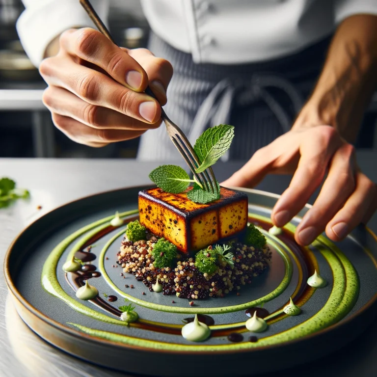 Chef's hands plating an Indian fusion dish with paneer steak and spiced quinoa in a modern kitchen.