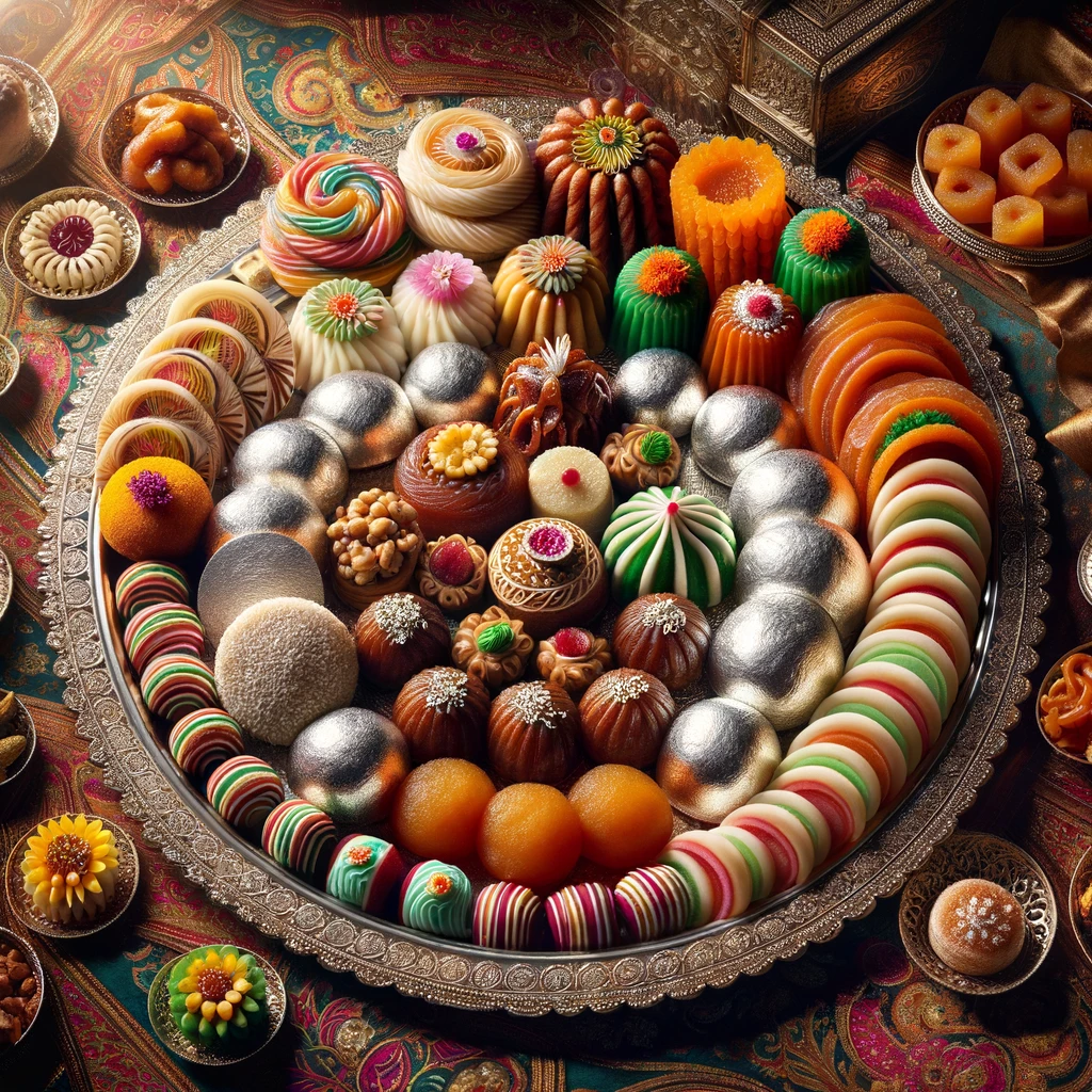 Colorful array of Indian sweets like gulab jamun and kaju katli on a silver platter.