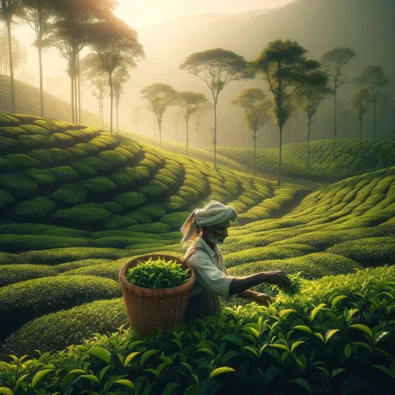 Lush green tea plantation with a worker picking tea leaves in the early morning light.