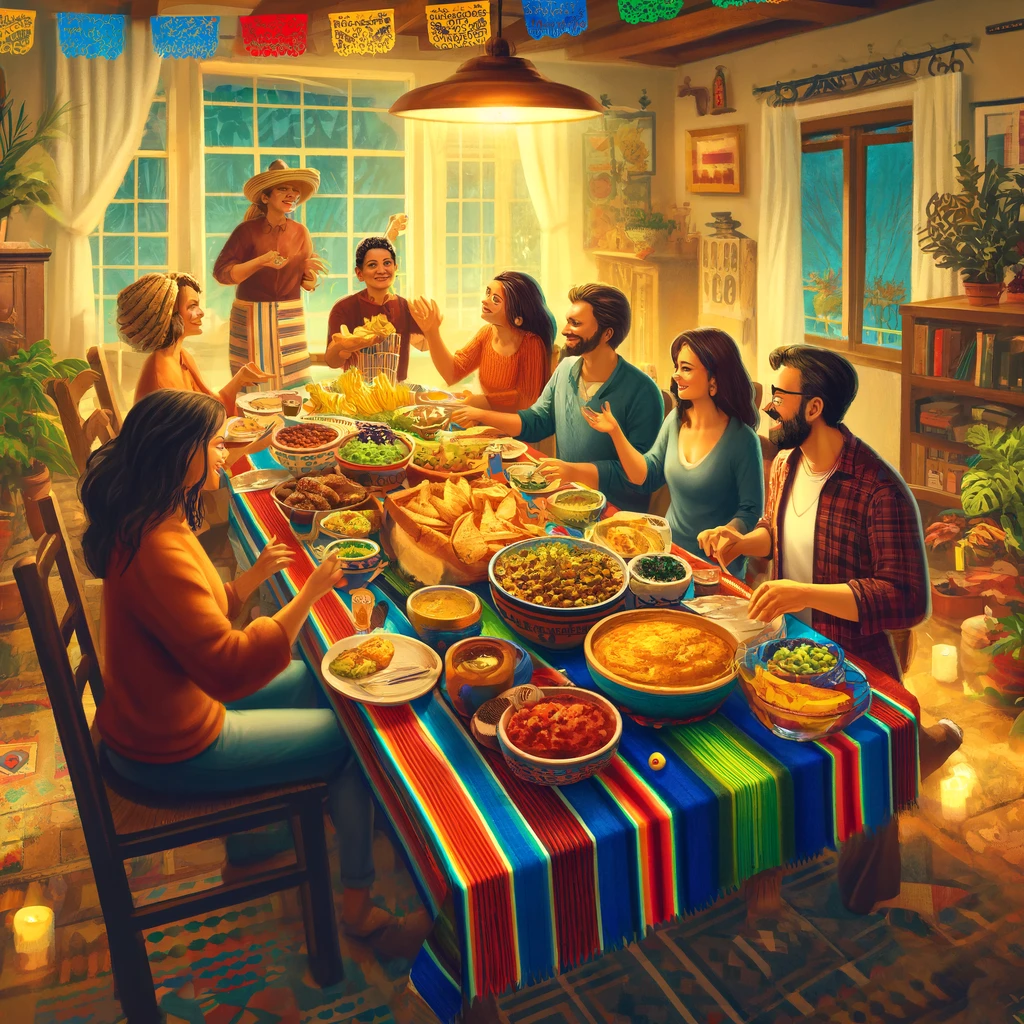 Family enjoying a Latin feast with tacos, empanadas, and arepas on a brightly decorated table.