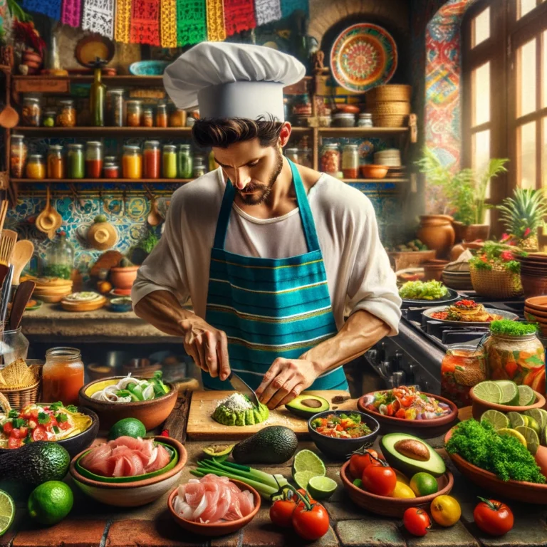 Chef preparing Latin dishes in a vibrant kitchen filled with fresh ingredients