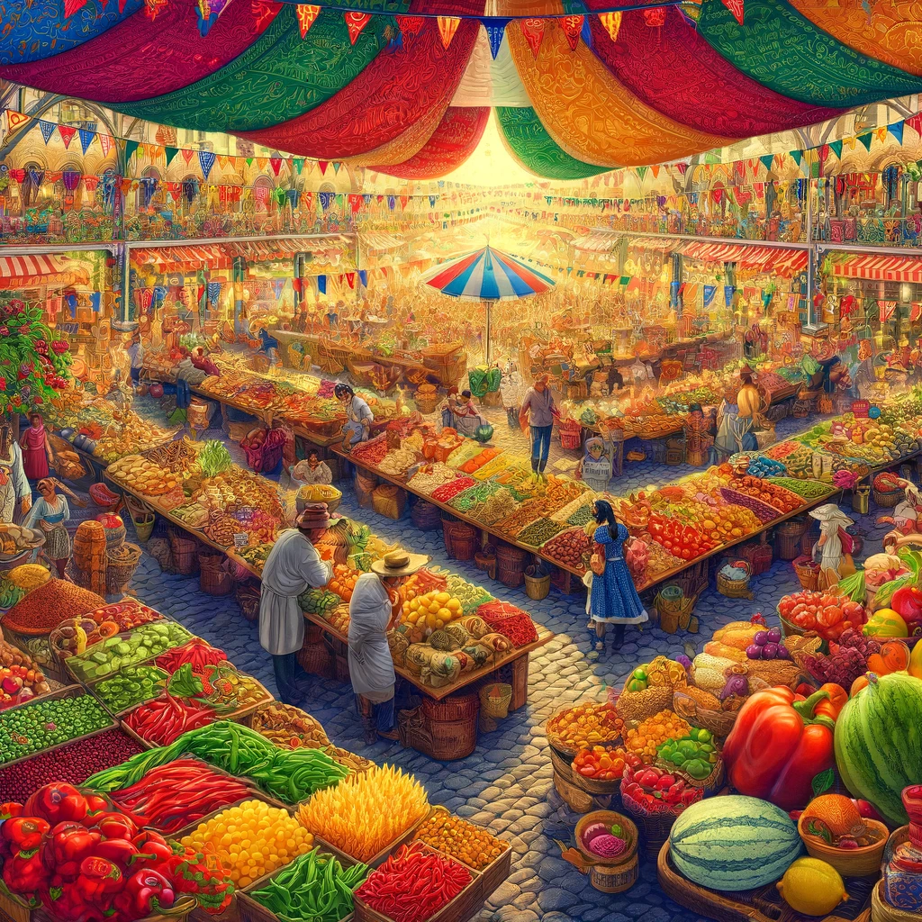 Lively Latin American market filled with fresh produce and artisanal goods.