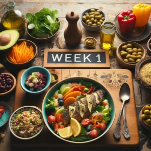 A rustic kitchen table set with a variety of Mediterranean dishes including a Greek salad, grilled fish drizzled with olive oil, whole grain couscous with vegetables, and mixed olives, embodying the theme of Mediterranean cuisine for Week 1 of a health and wellness series, with 'Week 1' text prominently displayed.