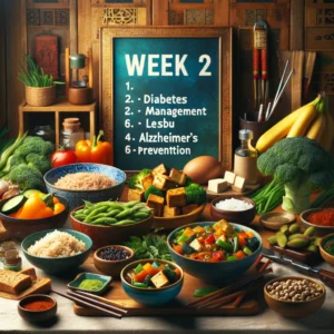 A warm and inviting kitchen scene showcasing Asian cuisine for Week 2 of a health and wellness series, with dishes such as stir-fried vegetables, brown rice, tofu curry, and a bowl of edamame prominently displayed on the table, all emphasizing the theme of diabetes management and Alzheimer’s prevention through a plant-based diet, with 'Week 2' text in an Asian-inspired style.