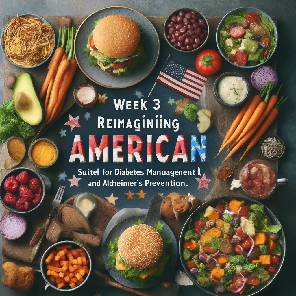 A reimagined American cuisine scene for Week 3 of a health and wellness series, showcasing a colorful salad with fresh produce, a whole grain burger with a lean or plant-based patty, and sweet potato fries, all designed to support diabetes management and Alzheimer’s prevention, with 'Week 3' text styled to reflect the American theme
