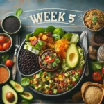 A vibrant tableau of Latin cuisine for Week 5 of a health and wellness series, featuring a colorful quinoa salad with black beans and avocado slices, a plate of grilled vegetables, and whole grain tortillas, embodying the fusion of traditional Latin American flavors with a focus on heart health, diabetes management, and Alzheimer’s prevention. 'Week 5' is displayed in a style that reflects the Latin theme, highlighting the celebration of vitality, health, and plant-based eating
