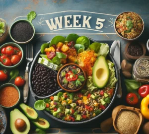 A vibrant tableau of Latin cuisine for Week 5 of a health and wellness series, featuring a colorful quinoa salad with black beans and avocado slices, a plate of grilled vegetables, and whole grain tortillas, embodying the fusion of traditional Latin American flavors with a focus on heart health, diabetes management, and Alzheimer’s prevention. 'Week 5' is displayed in a style that reflects the Latin theme, highlighting the celebration of vitality, health, and plant-based eating