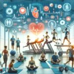 A diverse group of people engaging in cardiovascular exercises at a modern gym to manage cholesterol and diabetes.