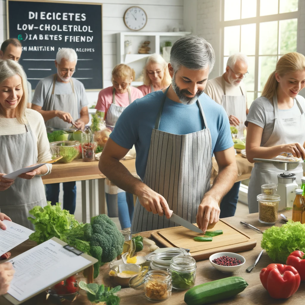 Participants of various ages engage in a healthy cooking class, preparing diabetes-friendly recipes with low-cholesterol ingredients in a modern kitchen.