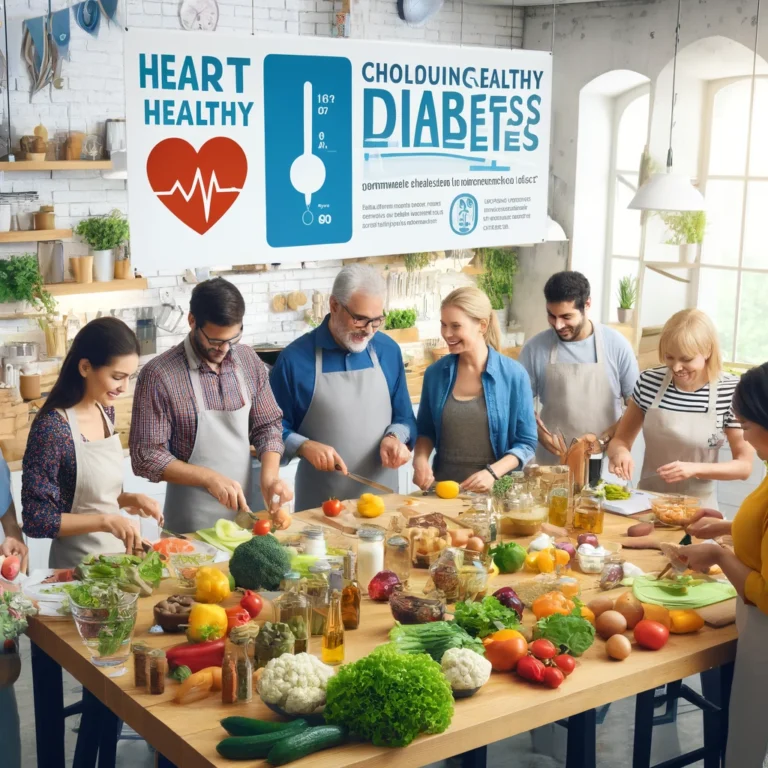 A diverse group of people engaging in a cooking workshop in a modern kitchen, preparing heart-healthy, diabetes-friendly meals, with informational posters about cholesterol and diabetes.