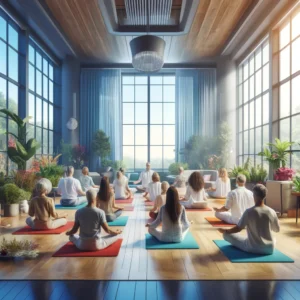 Diverse group of individuals meditating in a serene, well-lit wellness center with large windows and calming decor, promoting mindfulness for diabetes management.