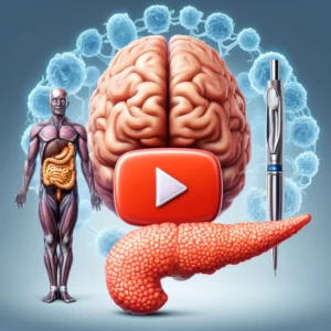An illustration showing a human brain and pancreas integrated with a YouTube play button, symbolizing health education on diabetes and cognitive health.