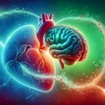 Human heart and brain interconnected by flowing oxygen molecules