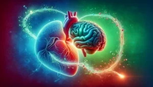 Human heart and brain interconnected by flowing oxygen molecules