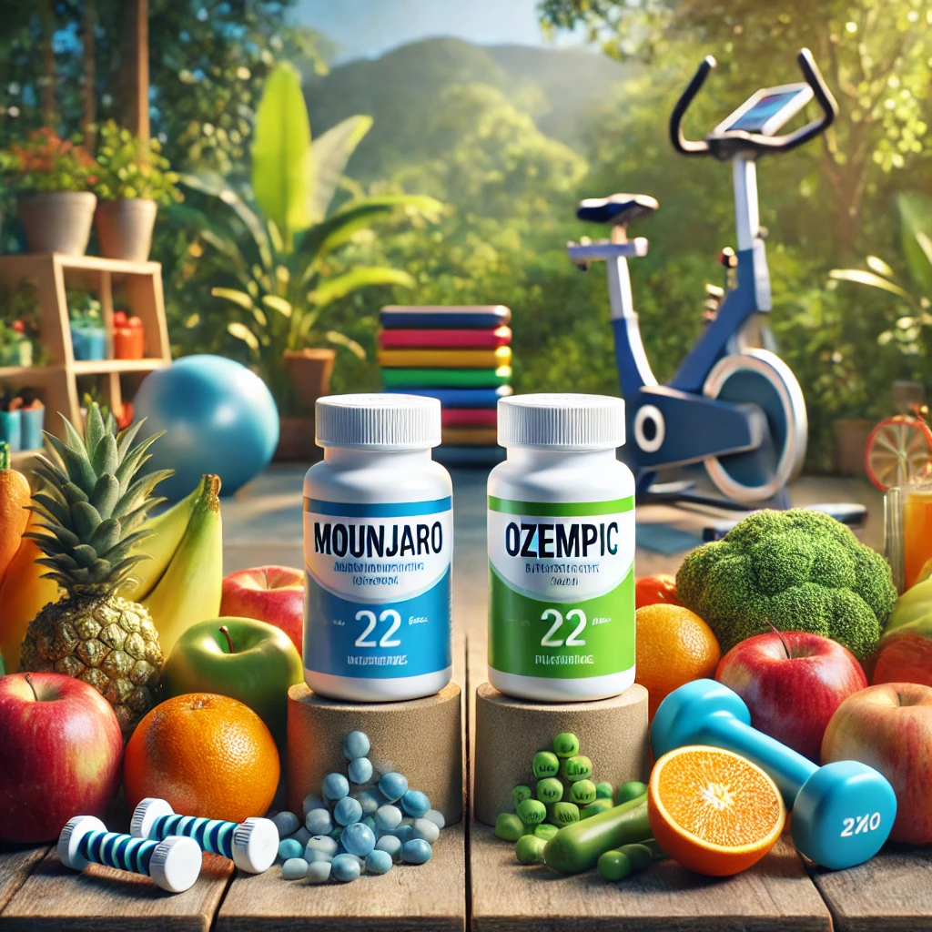 Medication bottles of Mounjaro and Ozempic with fruits, vegetables, and exercise equipment in the background.