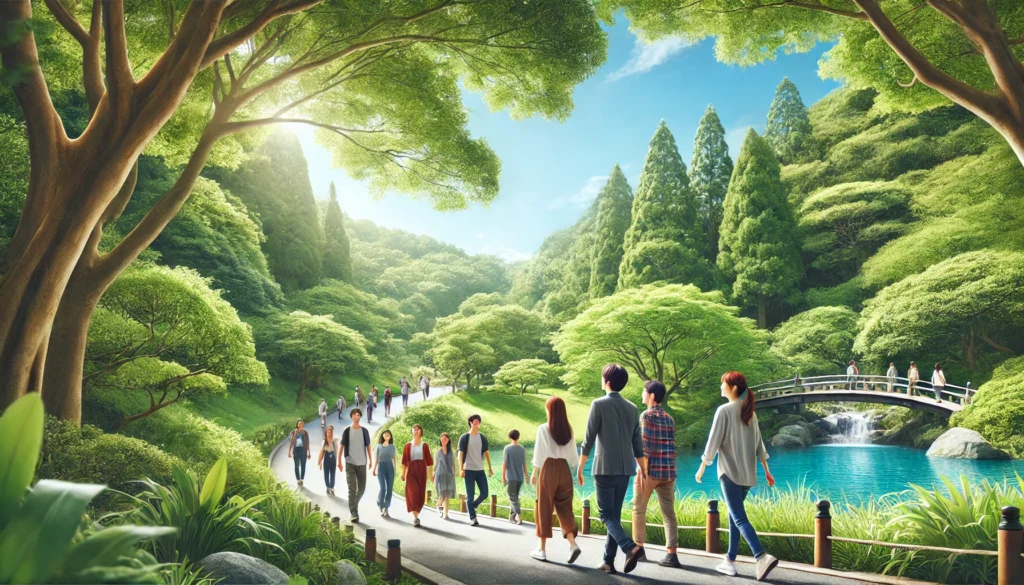 Group of people walking on a scenic pathway surrounded by greenery