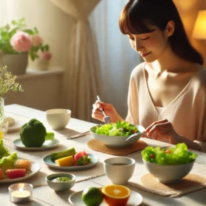 Person savoring a healthy meal at a beautifully set table.