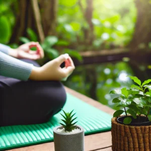 Person practicing mindfulness meditation in a serene, natural setting, surrounded by greenery