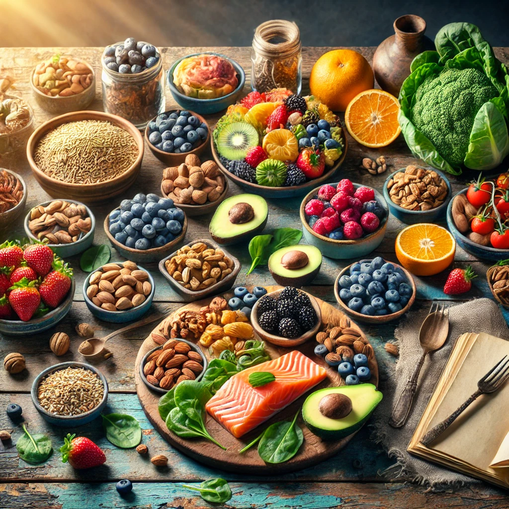 A display of brain-healthy foods including fruits, vegetables, salmon, nuts, and whole grains on a rustic wooden table.