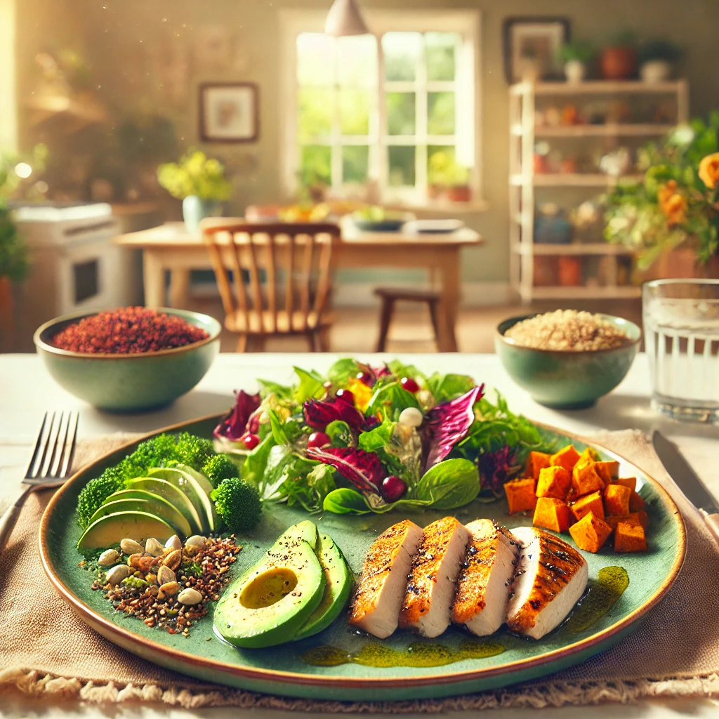 A colorful plate featuring a salad, grilled chicken, avocado, and quinoa, arranged in a sequence to highlight the concept of food sequencing.