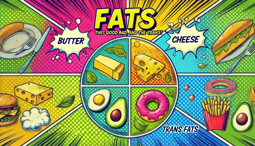 A comparison of healthy and unhealthy fat sources, featuring foods like olive oil, avocado, nuts, and salmon contrasted with butter, fast food, and processed snacks.