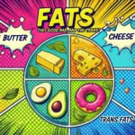 A comparison of healthy and unhealthy fat sources, featuring foods like olive oil, avocado, nuts, and salmon contrasted with butter, fast food, and processed snacks.