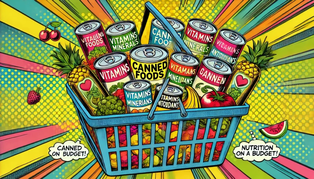 Canned food options featuring no-salt-added and BPA-free labels alongside fresh produce.