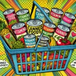 Canned food options featuring no-salt-added and BPA-free labels alongside fresh produce.
