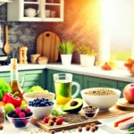 Mediterranean diet foods on a kitchen counter, promoting brain health and Type 3 Diabetes prevention