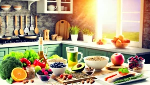 Mediterranean diet foods on a kitchen counter, promoting brain health and Type 3 Diabetes prevention