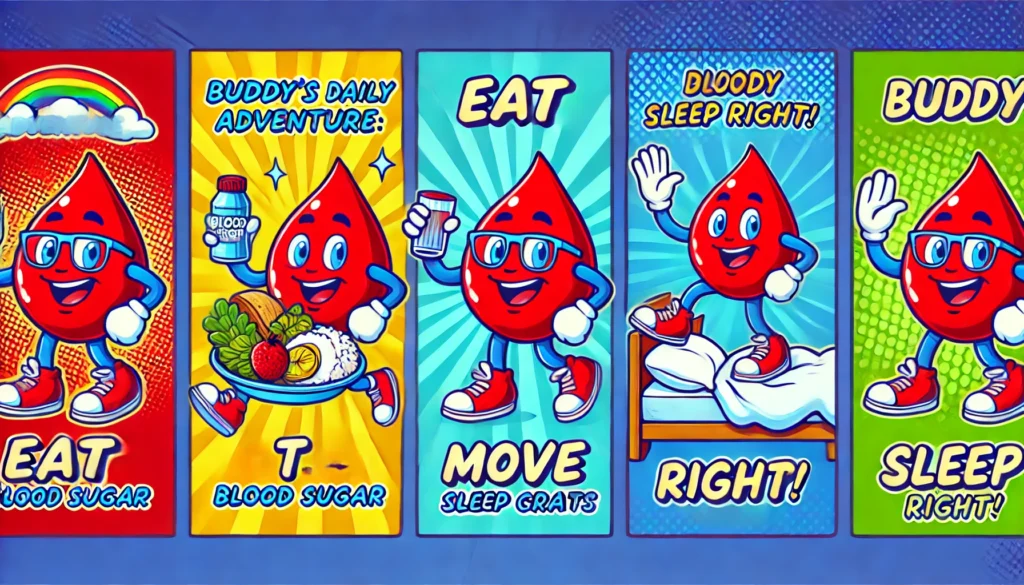 Buddy the Blood Sugar character in pop art style, illustrating a day of eating, moving, and resting for healthy blood sugar management.