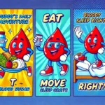 Buddy the Blood Sugar character in pop art style, illustrating a day of eating, moving, and resting for healthy blood sugar management.