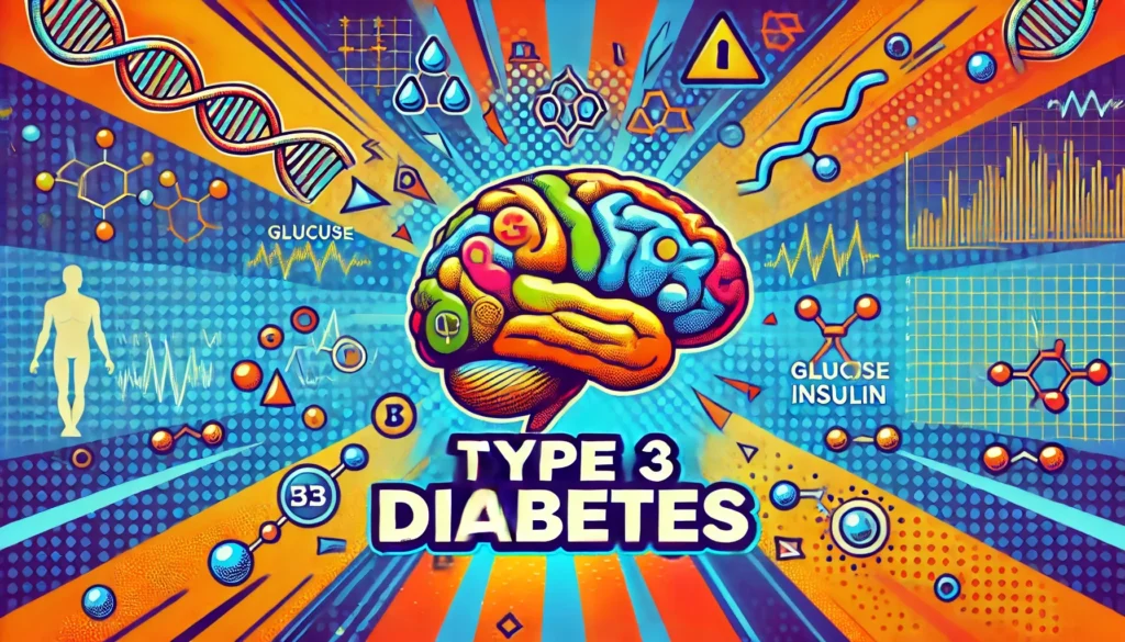 Pop art-style illustration of a stylized brain, overlaid with symbols representing glucose metabolism, insulin pathways, and areas impacted by insulin resistance in Type 3 Diabetes.