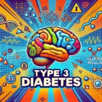 Pop art-style illustration of a stylized brain, overlaid with symbols representing glucose metabolism, insulin pathways, and areas impacted by insulin resistance in Type 3 Diabetes.