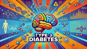 Pop art-style illustration of a stylized brain, overlaid with symbols representing glucose metabolism, insulin pathways, and areas impacted by insulin resistance in Type 3 Diabetes.