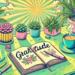 A peaceful desk scene featuring an open journal with the word "Gratitude" written at the top, a steaming cup of tea, green plants, and soft pastel colors with sunlight streaming through a window, evoking a sense of mindfulness and balance