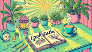 A peaceful desk scene featuring an open journal with the word "Gratitude" written at the top, a steaming cup of tea, green plants, and soft pastel colors with sunlight streaming through a window, evoking a sense of mindfulness and balance