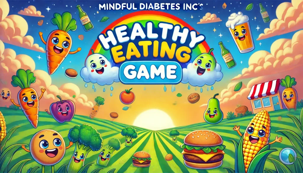 Bright, colorful game-inspired image featuring smiling vegetables and unhealthy food items falling from the sky against a vibrant background of clouds, hills, and a sunset.