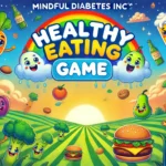 Bright, colorful game-inspired image featuring smiling vegetables and unhealthy food items falling from the sky against a vibrant background of clouds, hills, and a sunset.