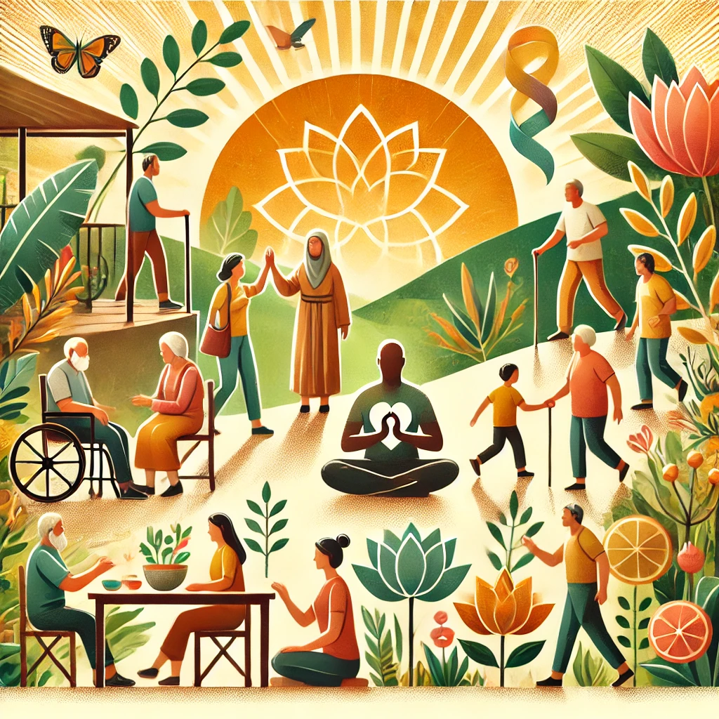 A diverse group of people engaging in wellness activities outdoors, including walking, meditating, and sharing a meal, surrounded by greenery and sunlight, symbolizing health and community.