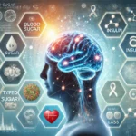 A wide-format conceptual illustration depicting the connection between Type 3 Diabetes and brain health. The glowing human brain with neural pathways is surrounded by medical icons representing blood sugar, insulin resistance, and cognitive decline