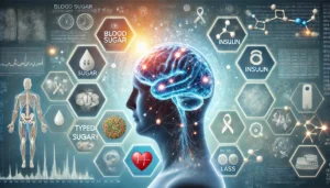 A wide-format conceptual illustration depicting the connection between Type 3 Diabetes and brain health. The glowing human brain with neural pathways is surrounded by medical icons representing blood sugar, insulin resistance, and cognitive decline