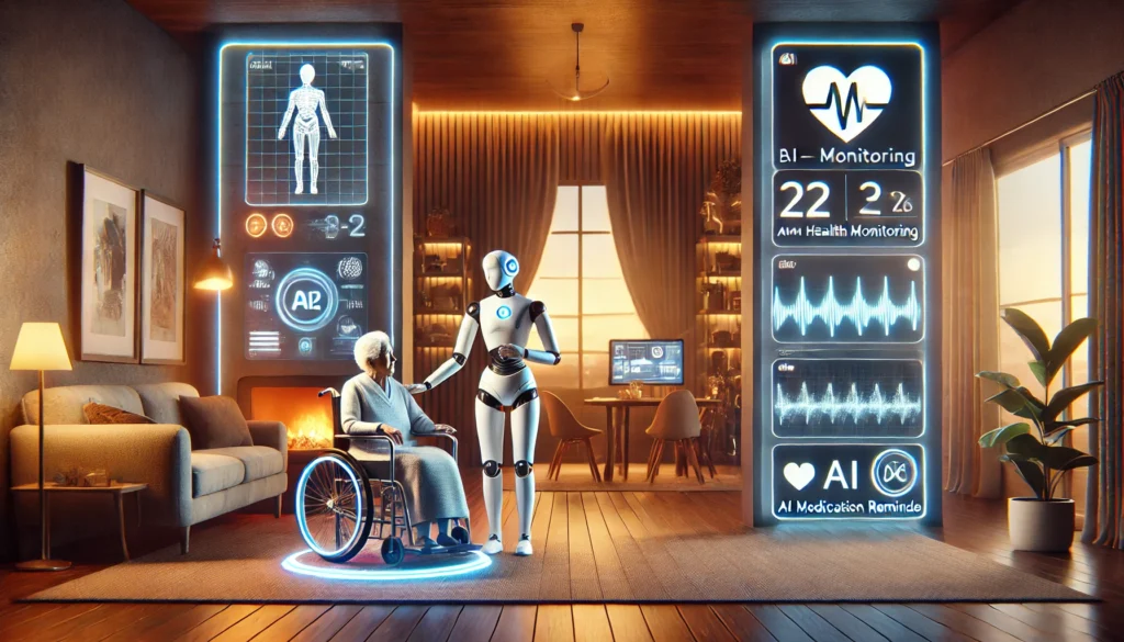 AI-powered smart home assisting an elderly person with health monitoring and daily tasks.