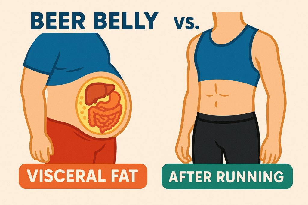 Side-by-side illustration of a beer belly showing visceral fat around organs versus a toned abdomen after running, highlighting the impact of exercise on abdominal obesity and diabetes risk.