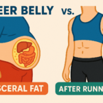 Side-by-side illustration of a beer belly showing visceral fat around organs versus a toned abdomen after running, highlighting the impact of exercise on abdominal obesity and diabetes risk.