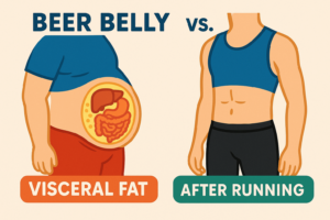 Side-by-side illustration of a beer belly showing visceral fat around organs versus a toned abdomen after running, highlighting the impact of exercise on abdominal obesity and diabetes risk.